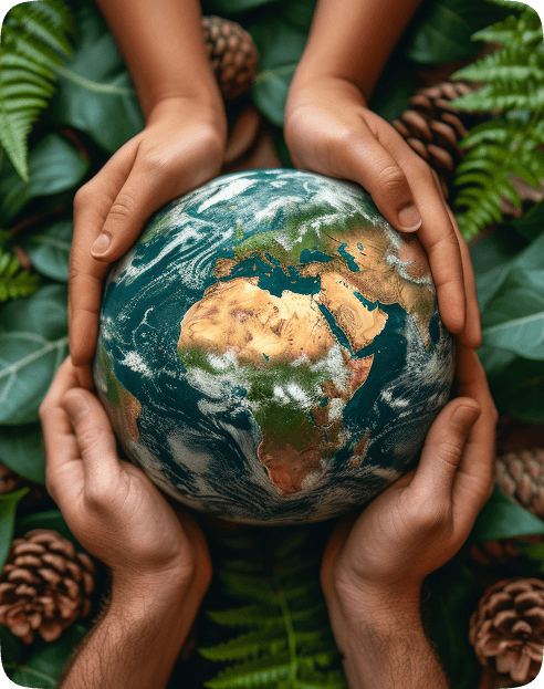 Hands holding a globe surrounded by green leaves