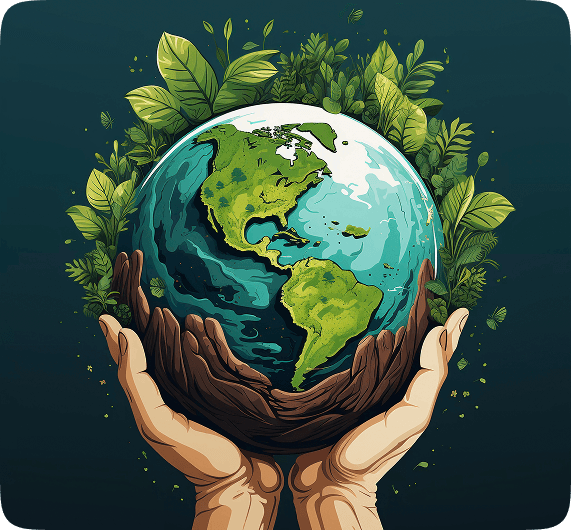 Hands holding a green Earth globe surrounded by leaves — Environmental Protection initiative by Pararthya SDECS